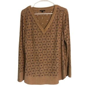 Alberto Makali Tan Eyelet V-Neck Boho Sweater